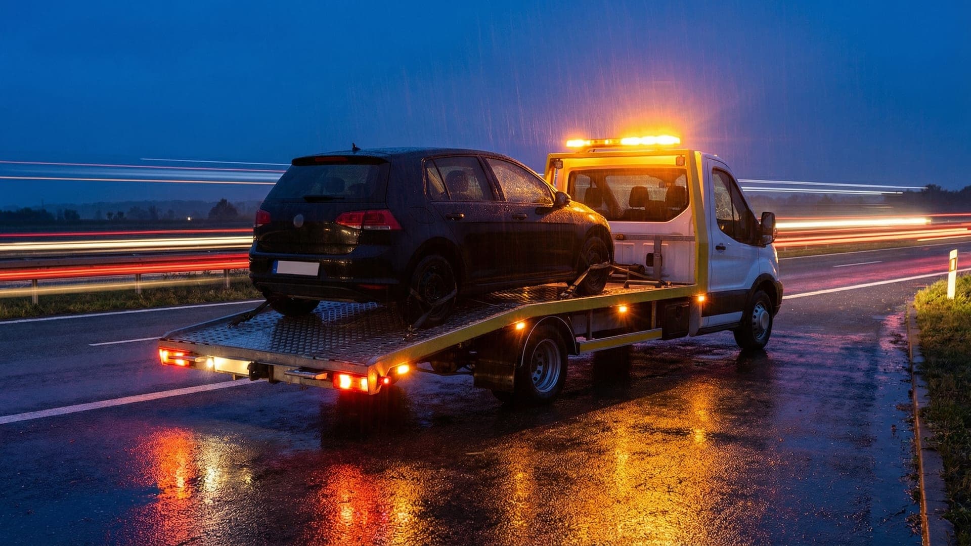Tractare auto pe autostradă noaptea cu lumini de avertizare