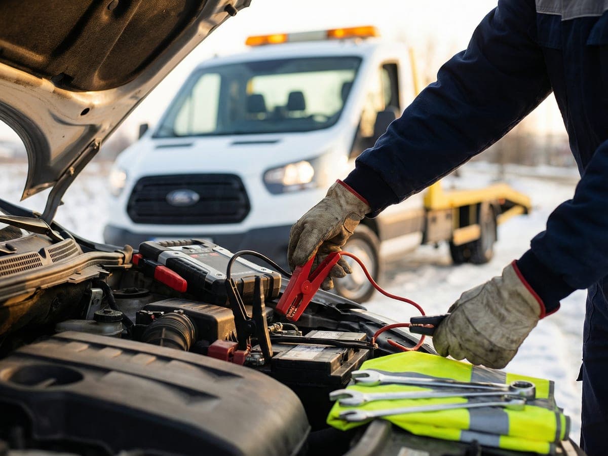 Mecanic oferind asistență rutieră la baterie auto cu echipament profesional