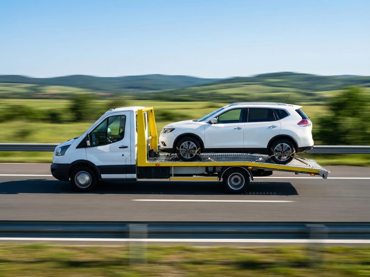 Platforma de tractare transportând un SUV alb pe autostradă